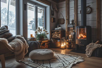 Comfy living room, cozy hygge style  interior design 