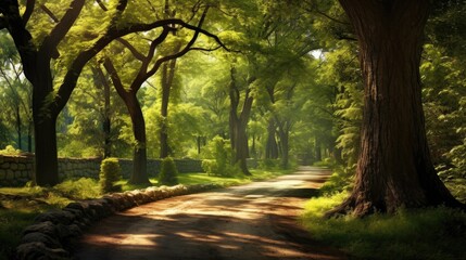 a roadway winding through lush green trees, the natural splendor and serenity of the tree-lined path, creating an inviting and tranquil scene.