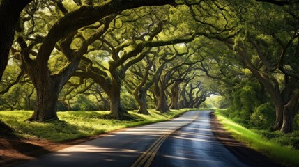 Obraz premium a roadway winding through lush green trees, the natural splendor and serenity of the tree-lined path, creating an inviting and tranquil scene.