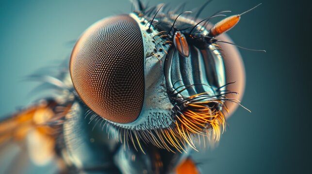 Close Up of Fly Insect on Blue Background
