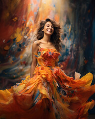 Portrait of a cheerful, confident, and smiling young woman wearing a flowing dress made of vibrant colors swirling around her, featuring bold and vibrant hues in a romantic and feminine style.
