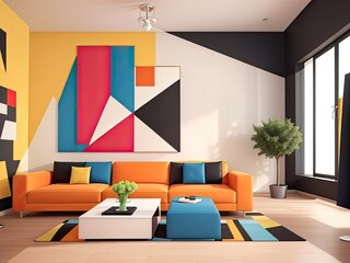 Interior design in the Suprematism style for a modern living room featuring vibrant, abstract geometric shapes