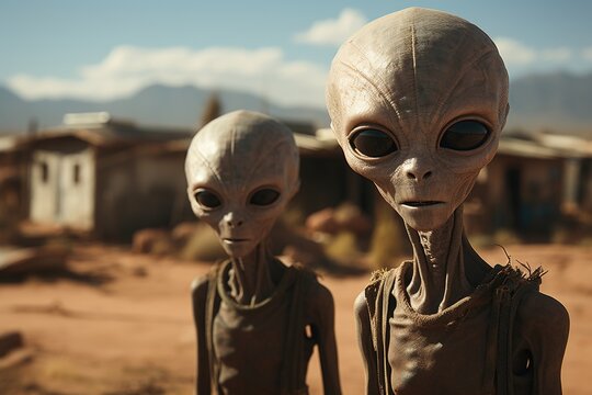 Two aliens standing in the desert