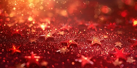 Red background with glitter , greeting card , decoration , blurred , stars