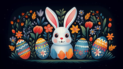Easter illustrated card with bunny, painted eggs and flowers on black background