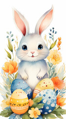 Easter illustrated card with bunny, painted eggs and flowers. Vertical