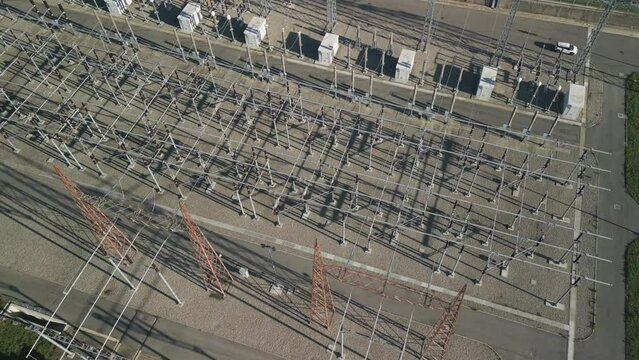 Aerial view of electrical substation, high-voltage electrical substation equipment