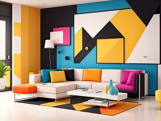 Interior design in the Suprematism style for a modern living room featuring vibrant, abstract geometric shapes