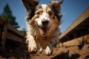 Border collie jumping in the air, happy dog on a walk.