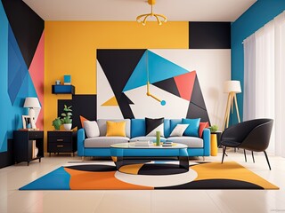 Interior design in the Suprematism style for a modern living room featuring vibrant, abstract geometric shapes