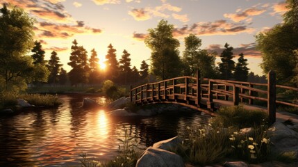 Tranquil river scene with a bridge illuminated by the setting sun