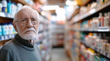 portrait of elderly man inside a pharmacy, temporary shop, he is choosing a medicine to buy, natural light, happy mood