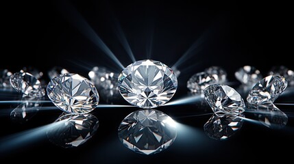 expensive cut diamonds arranged in front of a black background, with reflections on the ground, to accentuate the brilliance of the diamonds.