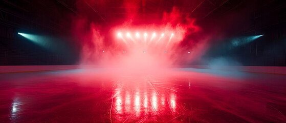 Red Ice Rink Background. Professional Arena illuminated red neon lights, spotlights with smoke. Copyspace. Winter poster for hockey competitions. Ice skating. Stadium. Generative ai