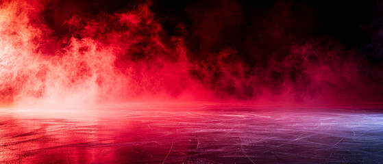 Red Ice Rink Background. Professional Arena illuminated red neon lights, spotlights with smoke. Copyspace. Winter poster for hockey competitions. Ice skating. Stadium. Generative ai