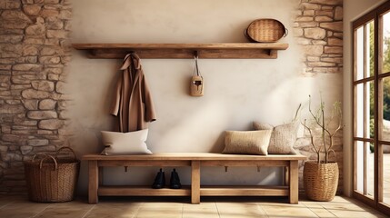 Coat rack on the wall over a rustic bench in a modern entry hall with a farmhouse interior style, Generative AI. - obrazy, fototapety, plakaty