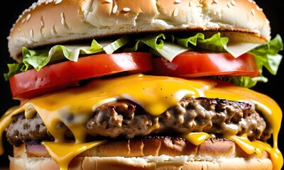 Delicious juicy cheesburger with meat, beef, onions, tomato, lettuce.