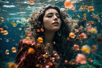 A girl in the ocean's depths creating an enthralling underwater realm with colorful bubbles