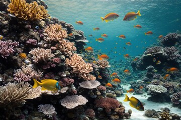 the vibrant and diverse world of a tropical coral reef, where colorful fishes swim among stunning corals and an abstract natural background