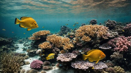 Naklejka na ściany i meble the vivid underwater realm of coral reefs, home to exotic animals and brilliant corals dancing in pristine waters