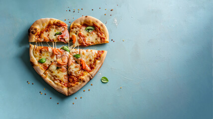 Top view of a juicy and delicious heart-shaped pizza on a light blue background, in the spirit of Valentine's Day and love for food.