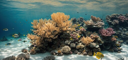 Naklejka na ściany i meble the vibrant hues of the corals to the graceful movements of the tropical fish, every aspect of this underwater paradise is a feast for the eyes. Let the sunlight guide you through this stunning lands