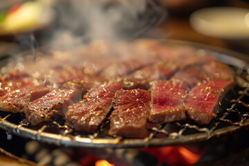 Delicious yakiniku on a grill at a restaurant, culinary experience, Japanese food and dinner 
