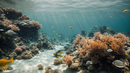 Fototapeta na wymiar in a surreal underwater paradise, where the delicate corals sway in the gentle currents and schools of fish shimmer in the sunlight,