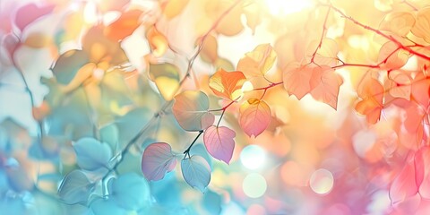 Obraz premium Tree branches with soft pink leaves in gentle sunlight , wallpaper, background, postcard