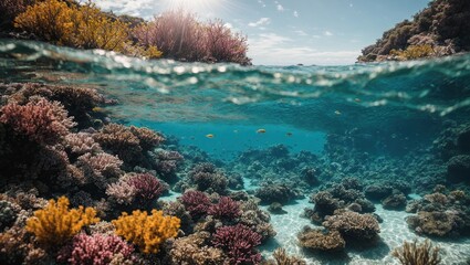 the beauty of the ocean, as you gaze upon a breathtaking underwater landscape, complete with colorful flora and fauna, ideal for a creative and captivating desktop wallpaper