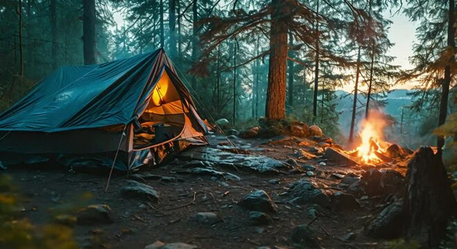 camping in the forest with a campfire footage