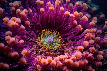 Naklejka na ściany i meble A stunning sea anemone blooms in all its splendor at the bottom of the water, its tentacles swaying in a captivating display of vivid hues and intricate patterns, a true beauty of the various