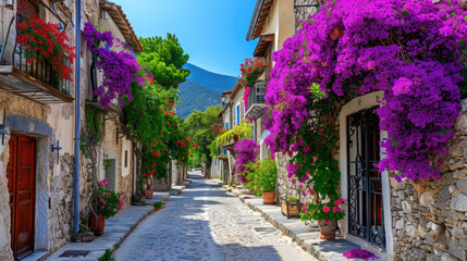 Picturesque Street with Lush Purple Bougainvillea in a Mediterranean Town