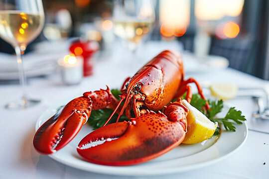 Delicious lobster on a plate at a restaurant, culinary experience, food and dinner 