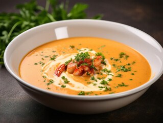 A delectable bowl of rich lobster bisque topped with a steaming dollop of creamy goodness.