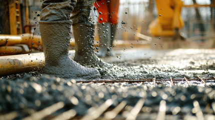 Construction Worker Walking on Fresh Concrete