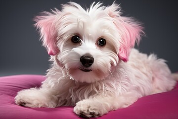 Portrait of a maltipoo lying on a pink blanket on a black background,