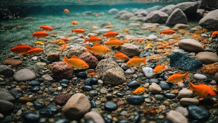  Rocks and Pebbles below water with beautiful different types of fishes