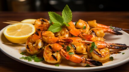 Skewered BBQ shrimp with citrus slices, invoking a burst of freshness