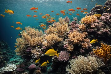 Fototapeta na wymiar the vivid depths of an undersea coral reef, where multicolored schools of fish twirl between swaying seaweed