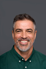 Happy middle aged business man entrepreneur, smiling mature professional executive manager, confident businessman leader investor wearing green shirt isolated on gray, headshot vertical portrait.