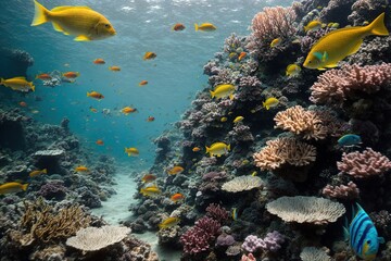the vivid depths of a coral reef beneath the surface, where swaying sea plants and swarms of multicolored fish dance