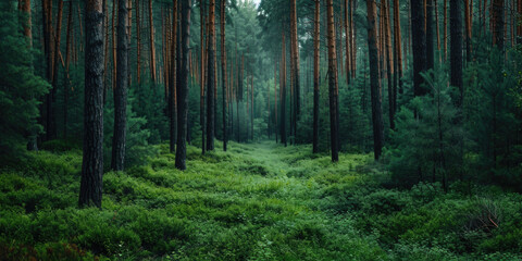 Fototapeta na wymiar Enchanting Forest Pathway Amidst Tall Pine Trees with Lush Undergrowth