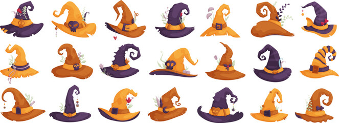 Set of Traditional headdress of magicians, sorcerers, druids and witches in purple, yellow and brown colors and small details, feathers, branches, pins, flowers and mushrooms. Cartoon style.