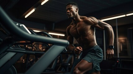 Fototapeta na wymiar black Afro-American man with healthy muscular body in a gym running.
