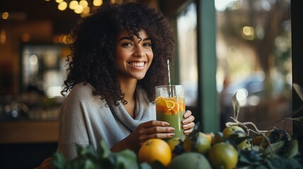Grasping her green detox drink, the black woman smiles, Generative AI.