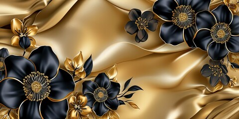 Black and gold flowers on a background of soft golden silk ,wallpaper.