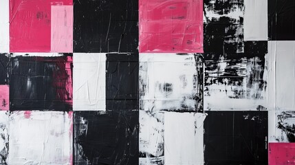 Abstract Painting With Black, White, and Pink Squares