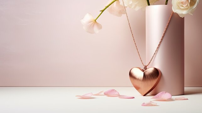 a heart-shaped rose gold pendant necklace on a white background, to accentuate the romanticism and elegance of the jewelry, creating an artful representation perfect for Valentine's Day.