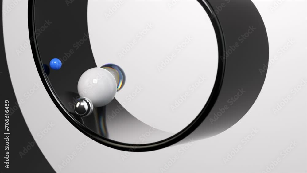 Poster glossy spheres glide on a sleek, yin-yang inspired surface, a study in contrast and reflection in mo